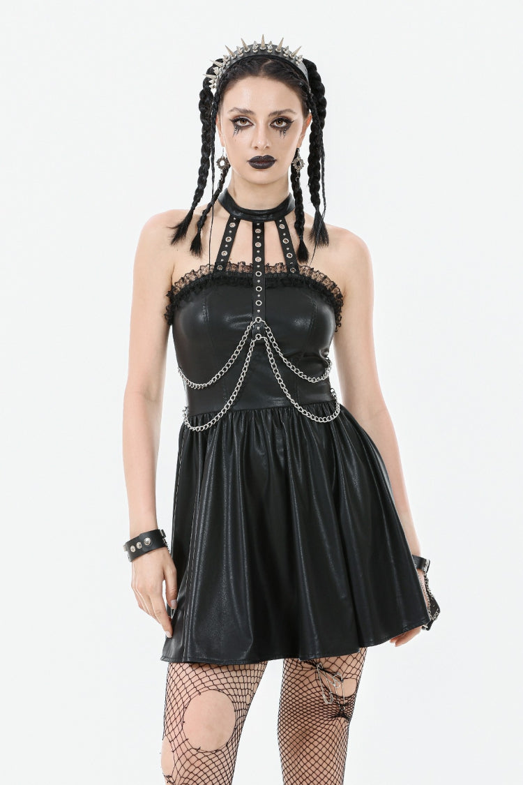 Black Halterneck Zippered Chain-Decorated Eyelet Women's Punk Faux Leather Dress - Black - 1