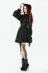 Black Long Lantern Sleeves Ruffled Spliced Lace Women's Gothic Blouse - Product - 2