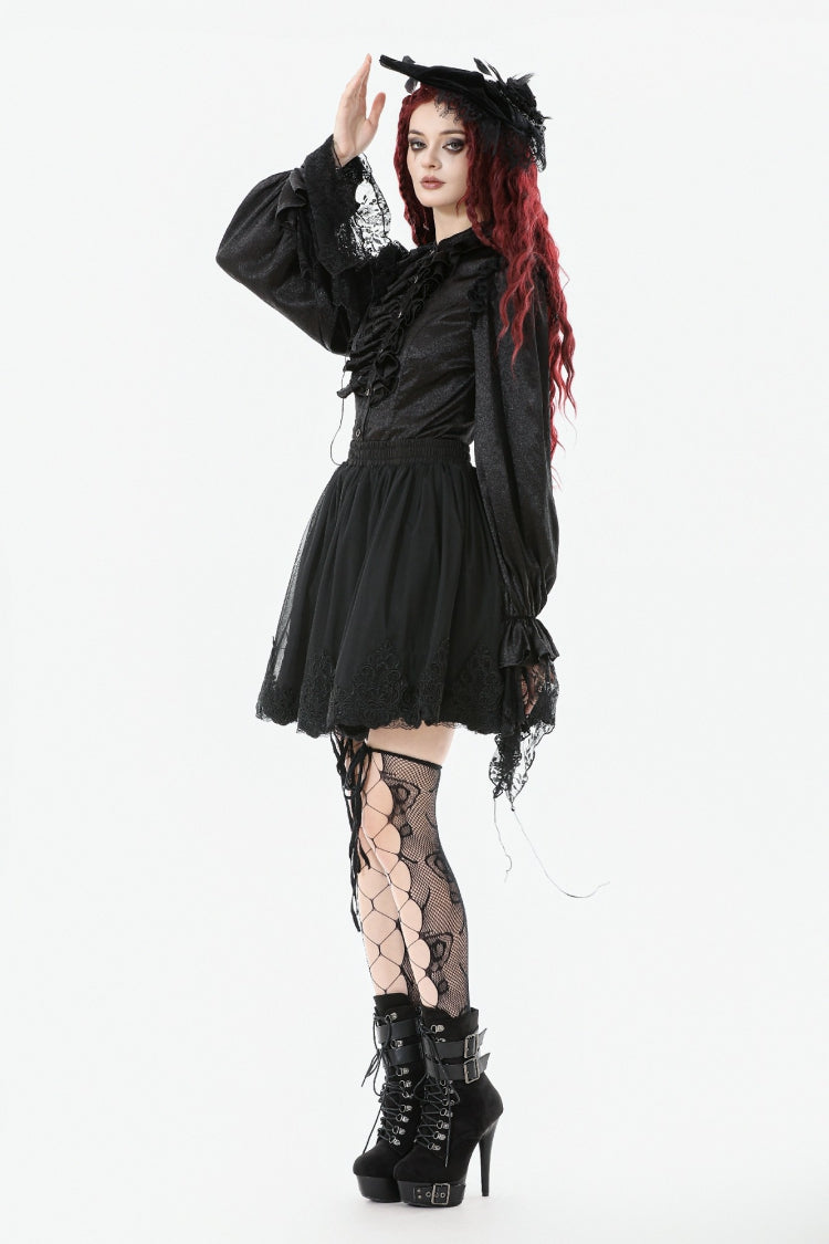 Black Long Lantern Sleeves Ruffled Spliced Lace Women's Gothic Blouse - Product - 2