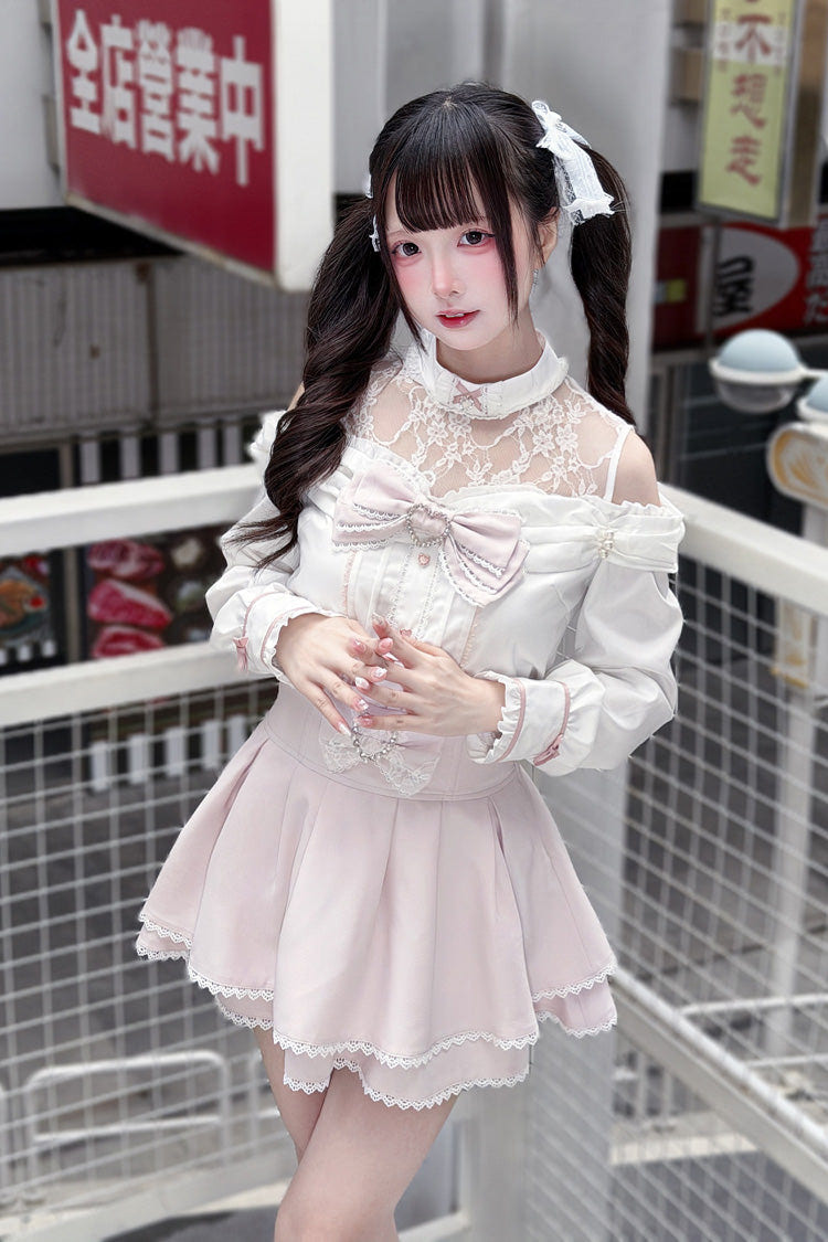 [Frosted Pearl Princess] Round Collar Off Shoulder Long Sleeves Bow Lace Sweet Jirai Kei Japanese Skirt Set 2 Colors - Product - 10