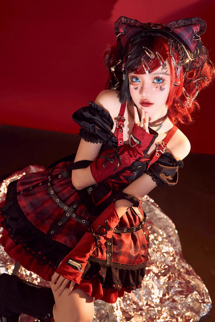 Black/Red Print Ruffle Lace-Up Gothic Japanese Princess Lolita JSK Dress - Product - 7