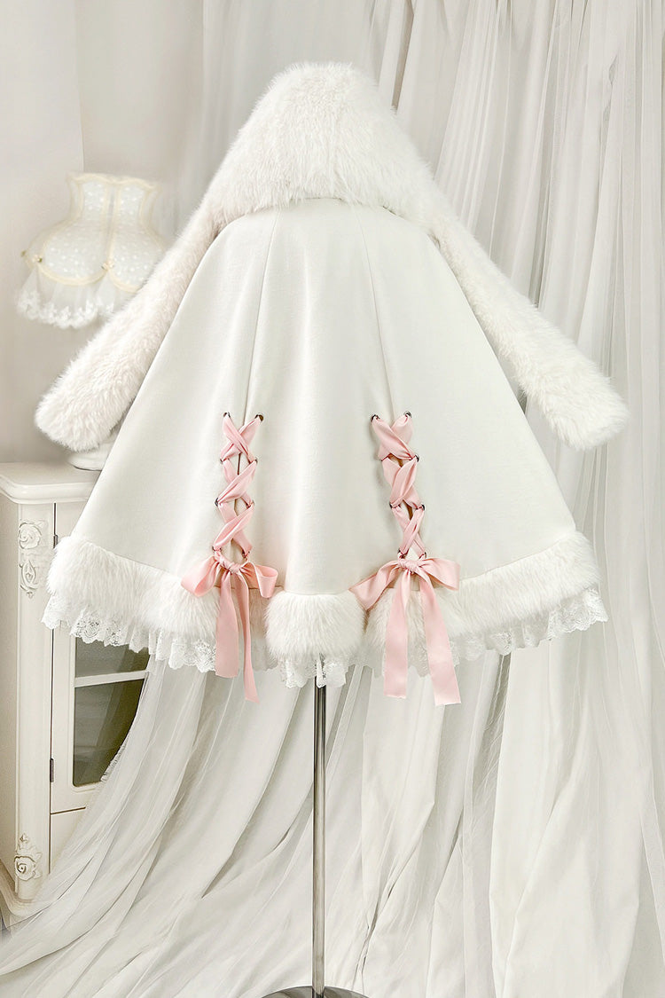 Ivory Cloud-Like Plush Bunny Ear Embroidered Bow Lace Sweet Lolita Cape Coat - Product - 8
