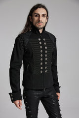 Black/Silver Stand Collar Long Sleeves Lace-Up Buttons Men's Punk Jacket - Product - 2
