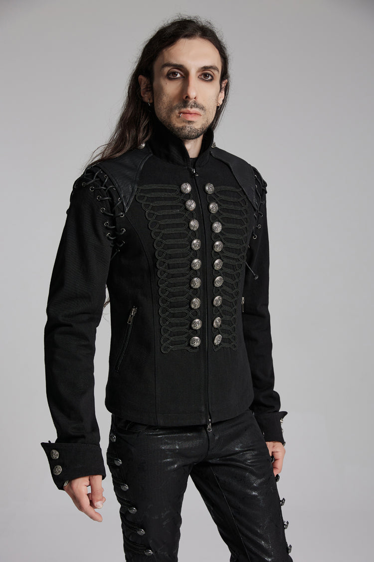 Black/Silver Stand Collar Long Sleeves Lace-Up Buttons Men's Punk Jacket - Product - 2