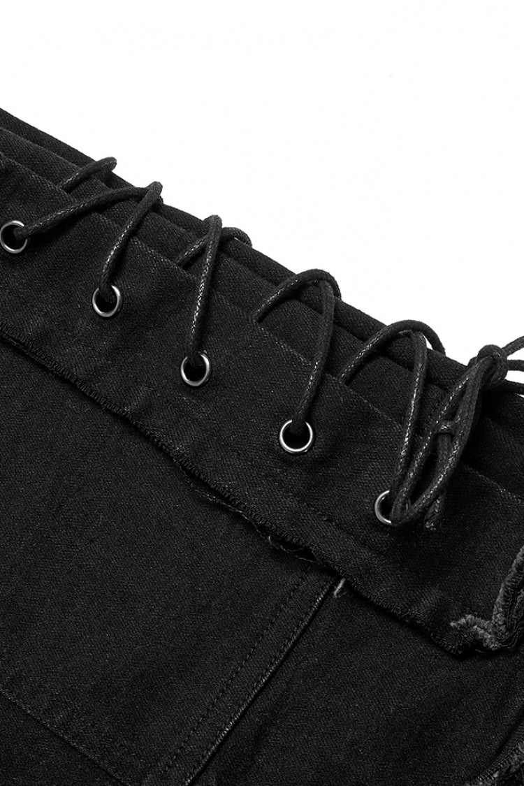 Black Hollow Lace-Up Ripped Men's Punk Pants - Product - 7