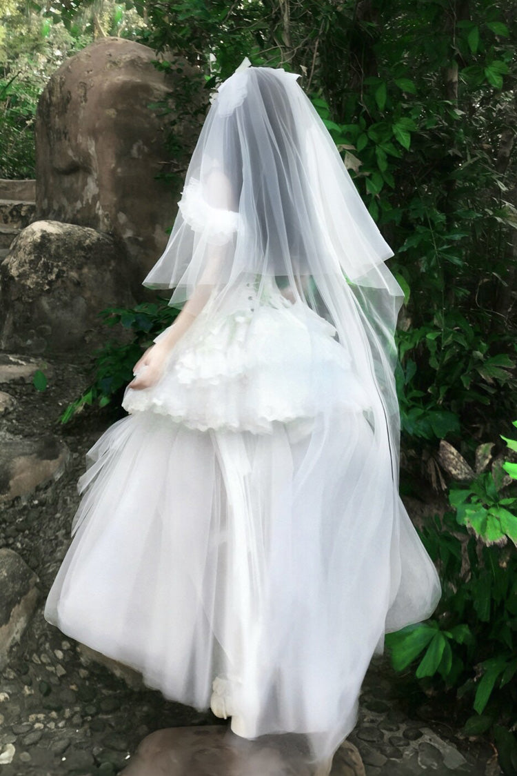 White [Pure White Prayer · Snow Love] Square Collar Ruffled Bow Lace Classic Gothic Lolita Dress Set - Product - 9