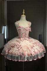 Pink [Gem Love] Sleeveless Triple-Layered Ruffle Bowknot Lace Sweet Ballet Lolita Jsk Dress - Product - 7