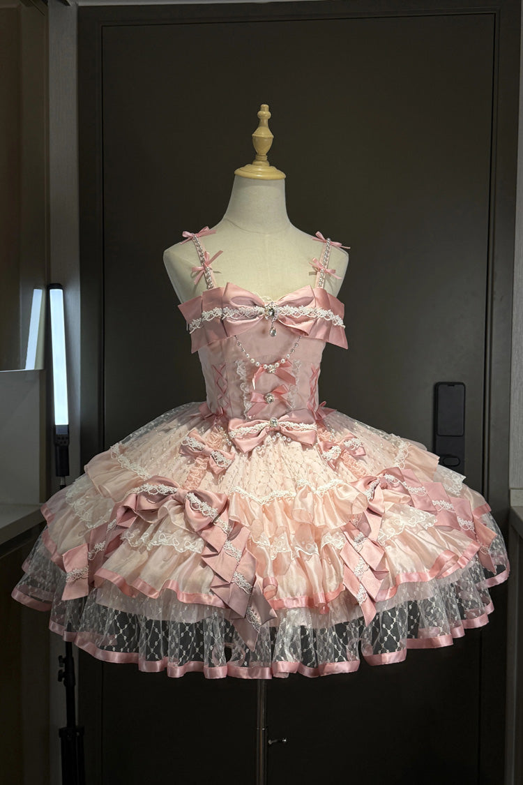 Pink [Gem Love] Sleeveless Triple-Layered Ruffle Bowknot Lace Sweet Ballet Lolita Jsk Dress - Product - 7