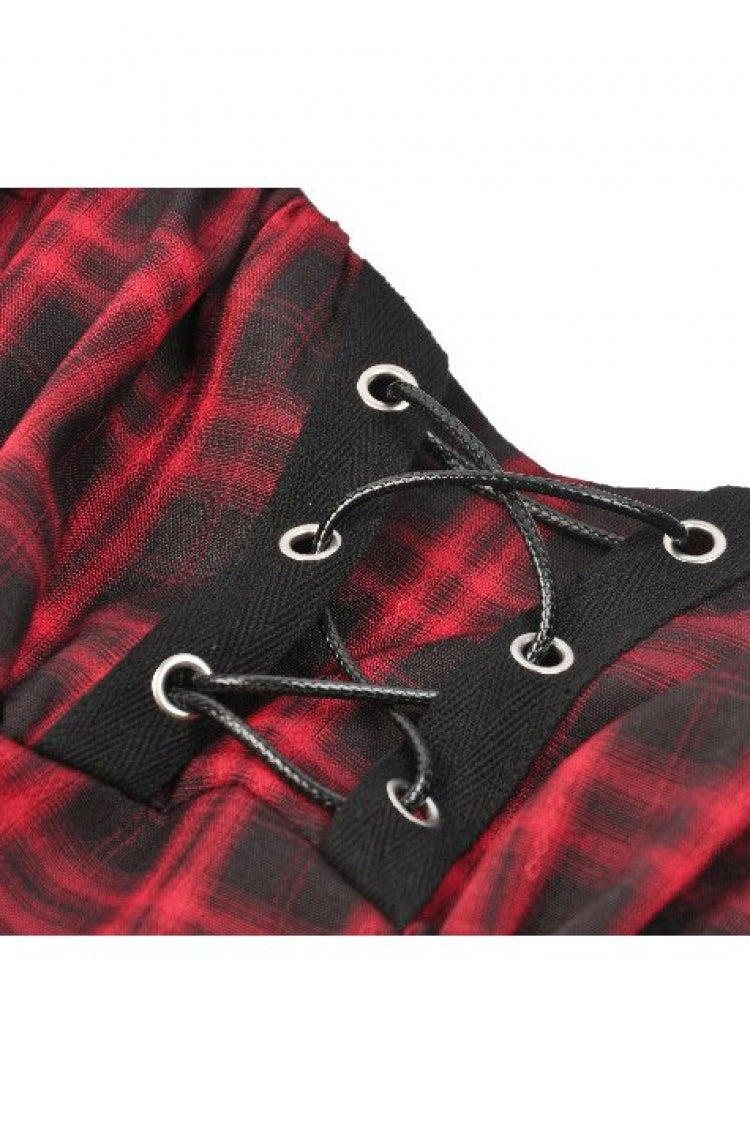 Black/Red Plaid Turn-Down Collar Cut-Out Short Sleeves Lace-Up Women's Punk Retro Mini Dress - Product - 13