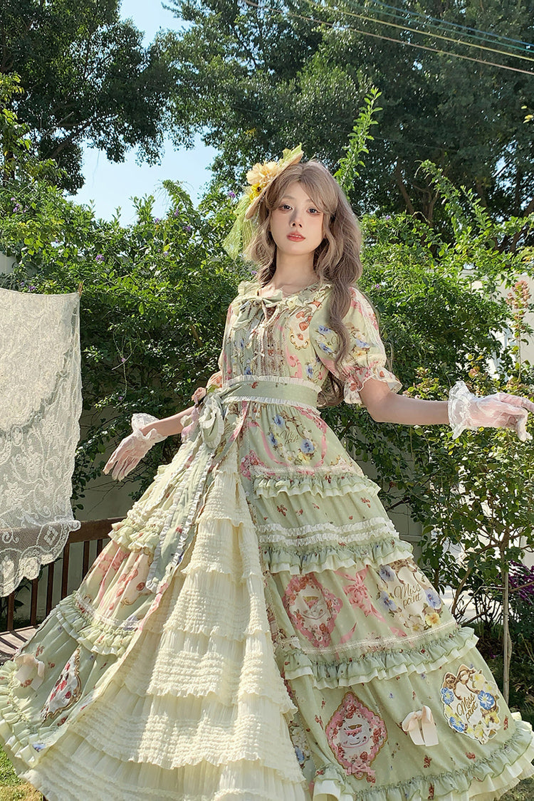 Green [Cat Rose Tea] Short Sleeves Print Ruffle Cardigan Bowknot Sweet Gorgeous Lolita Dress - Product - 10