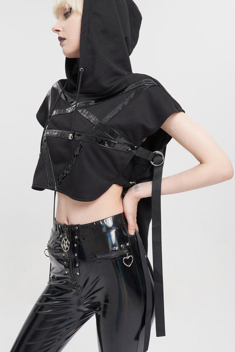 Black Short Front Long Back Stitched Shiny Leather Inverted Pentagram Shape Hoodie Short Sleeve Women's Punk T-Shirt - Product - 4