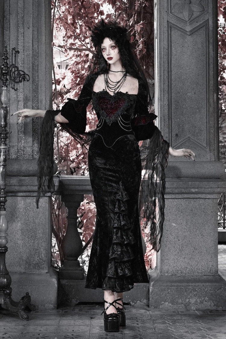 Black [Castle of Dark Romance] Square Collar Short Sleeves Multi-Layered Ruffled Embroidered Open-Front Lace Gothic Lolita Mermaid Dress - Product - 7