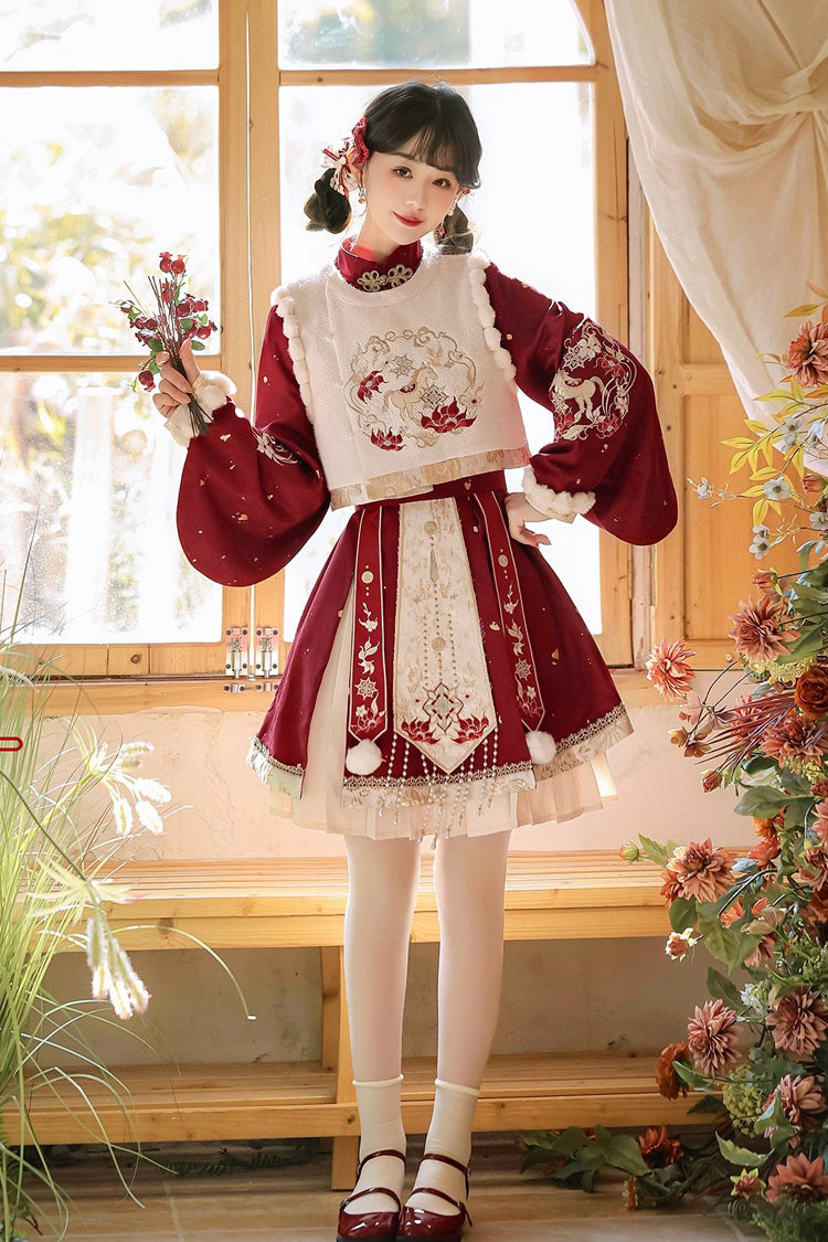 Red Round Collar Long Lantern Sleeves High Waisted Embroidered Women's Sweet Hanfu Dress Set - Red - 1