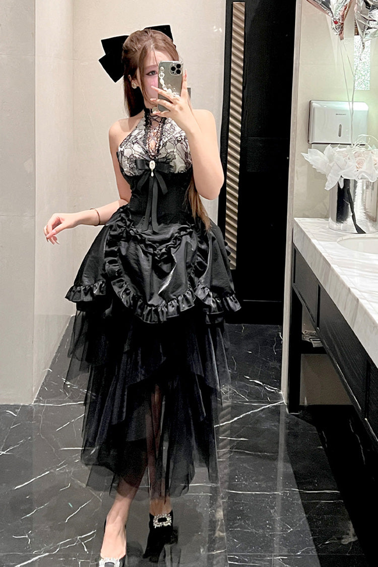 Black Ruffle Bowknot Lace Irregular Gothic Lolita Skirt Two-piece Set - Product - 8
