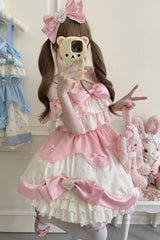 Pink Cream Multi-Layered Polka Dots Print Ruffle Bowknot Sweet Lolita Jsk Dress - Product - 2