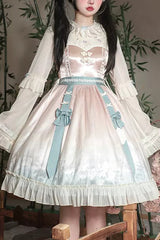 Pink Round Collar Trumpet Sleeves Rabbit Embroidery Print High Waisted Sweet Lolita OP Dress - Pink - 1