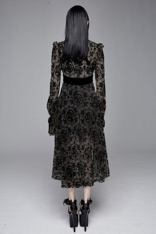 Black Floral Flocking Printed Long Sleeves Velvet With Tie Womens Gothic Dress - Product - 6