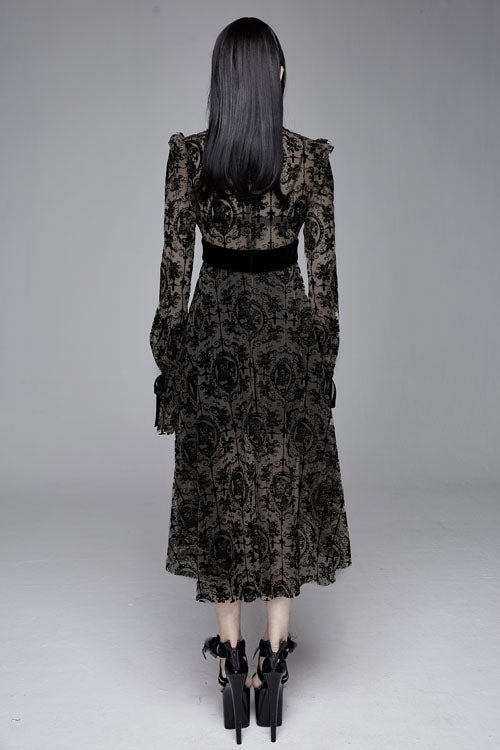 Black Floral Flocking Printed Long Sleeves Velvet With Tie Womens Gothic Dress - Product - 6