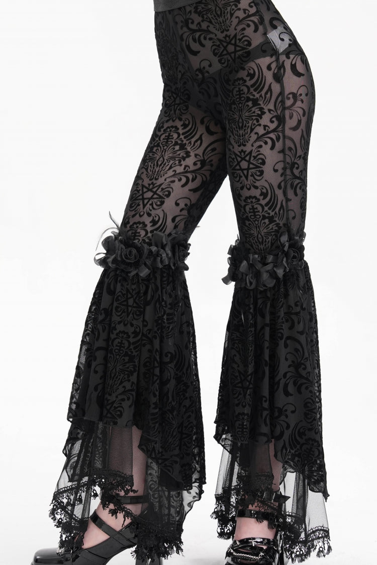 Black Embroidery Lace Sheer Mesh Tassels Women's Gothic Pants - Product - 5