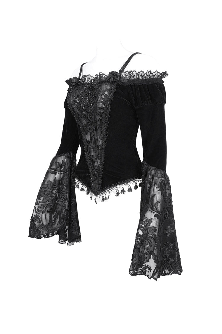 ブラック オフショルダー トランペットスリーブ 刺繍 レース レディース ゴシック ブラウス 商品画像