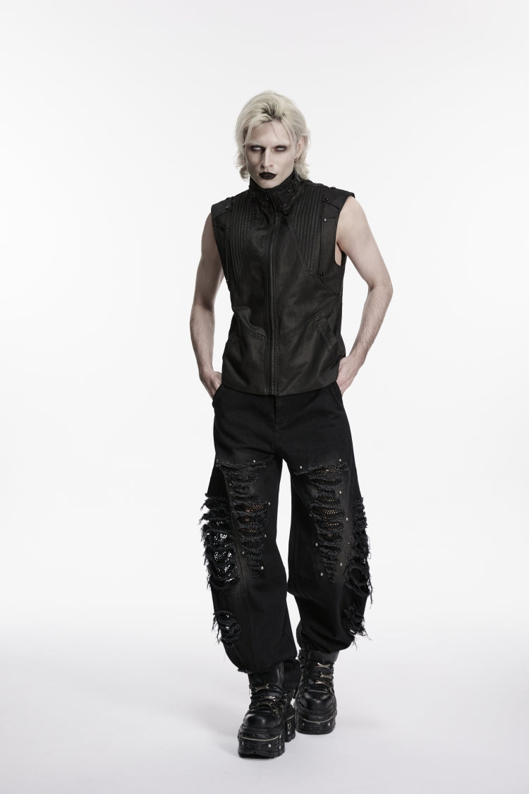 Black Irregular Mesh Ripped Studded Zippered Eyelet Men's Punk Handsome Cool Pants - Product - 5