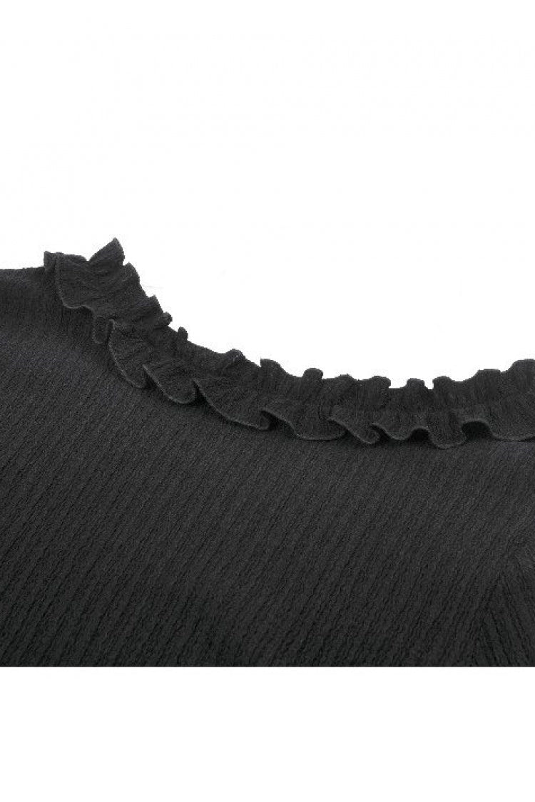 Black Cross Ruffled V Collar Irregular Split Long Trumpet Sleeves Women's Gothic Crop Top with Streamer - Product - 16