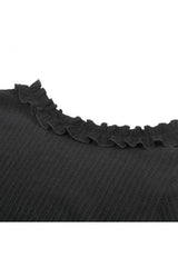 Black Cross Ruffled V Collar Irregular Split Long Trumpet Sleeves Women's Gothic Crop Top with Streamer - Product - 16