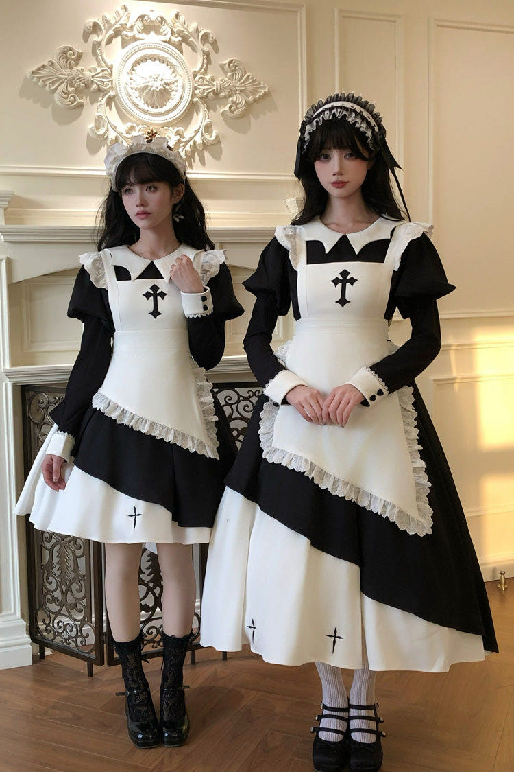 Black/White [Halloween Little Maid] Lapel Collar Long Sleeves Printed Ruffled Asymmetric Nun Gothic Lolita Dress - Black/White - 1