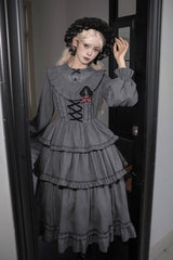 [Castle Night] Long Sleeves Ruffle Embroidery Gothic Lolita Dress 2 Colors - Grey - 2