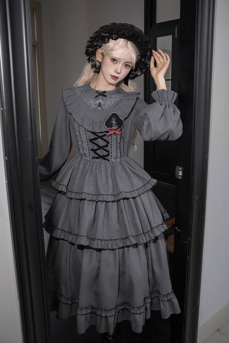 [Castle Night] Long Sleeves Ruffle Embroidery Gothic Lolita Dress 2 Colors - Grey - 2