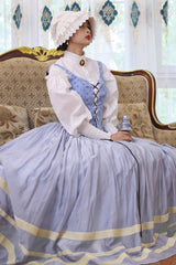 Light Blue [Bashu Girl] Long Puff Sleeves Print Lace-Up Fishbone Corset Sweet Lolita Skirt Dress Three-Piece Set - Product - 8