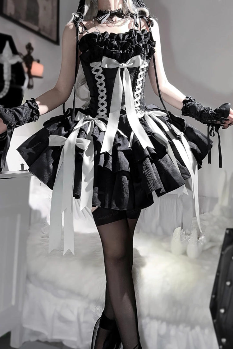 [Thousand Paper Cranes] Sleeveless Multi-Layered Ruffle Bowknot Lace-Up Fishbone Gothic Lolita Jsk Dress 4 Colors - Product - 2