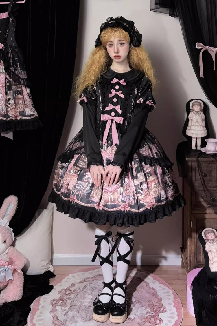Black [The Case of the Missing Lamb] Print Long Sleeves Ruffle Bowknot Lace Gothic Lolita Dress - Product - 17