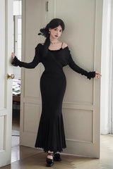Black [Secret Crush] Long Sleeves Stretch Knit Slim Gothic Lolita Fishtail Dress - Product - 2