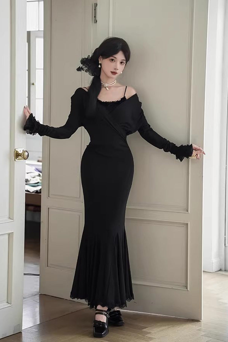 Black [Secret Crush] Long Sleeves Stretch Knit Slim Gothic Lolita Fishtail Dress - Product - 2