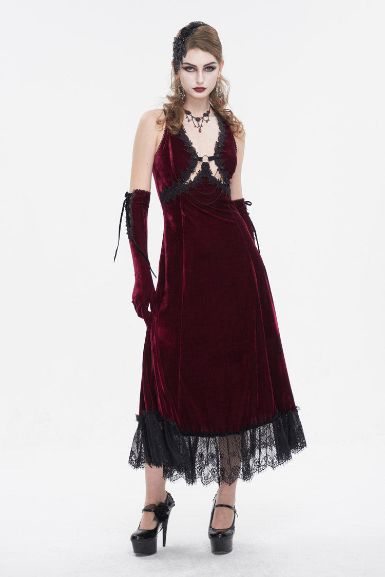 Red Lace Up Lace Hem Slip Long Women's Gothic Dress - Red - 1