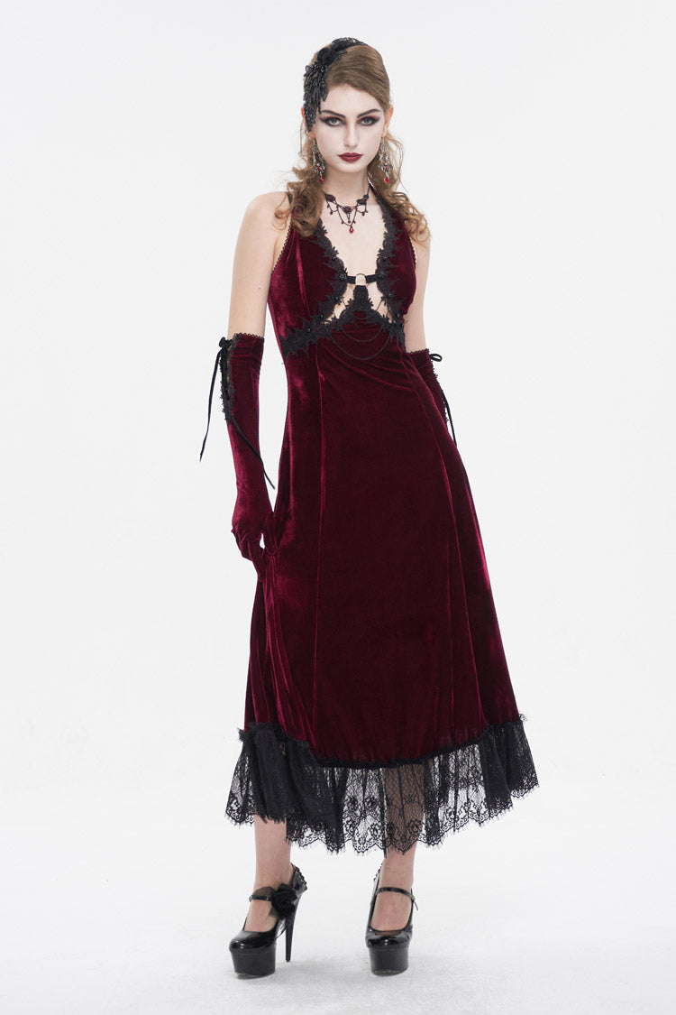 Red Lace Up Lace Hem Slip Long Women's Gothic Dress - Red - 1