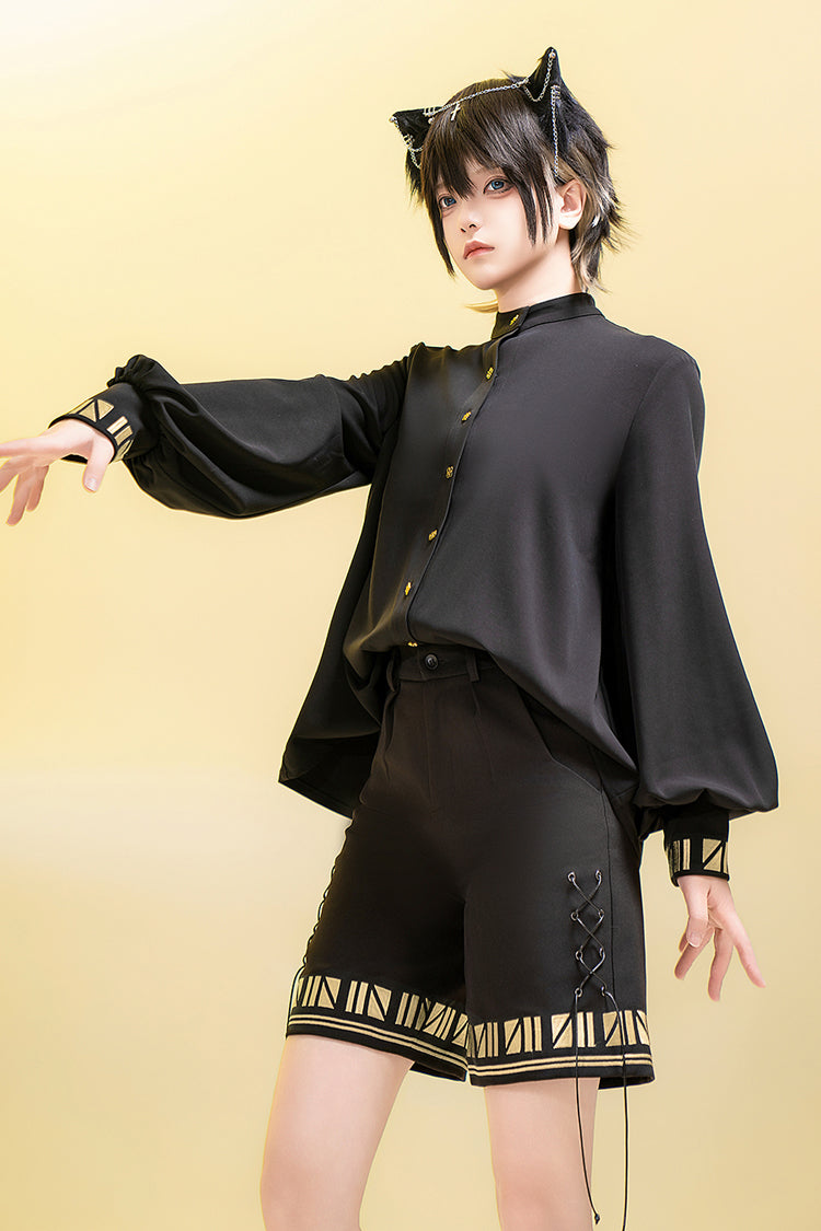 Black [Black Cat] Long Sleeves Print Embroidery Ouji Gothic Prince Handsome Lolita Blouse - Product - 7