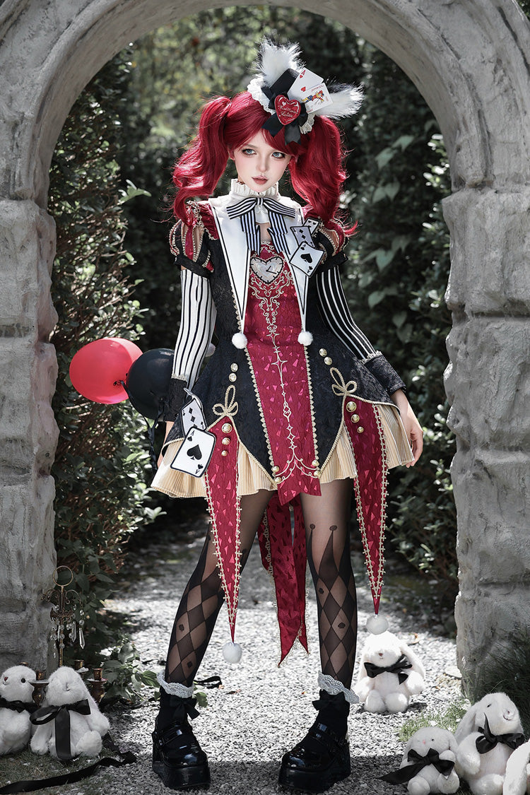 Black/Red [Circus Fantasy Night] Stand Collar Long Sleeves Jacquard Bow Gothic Lolita Dress Set - Product - 9