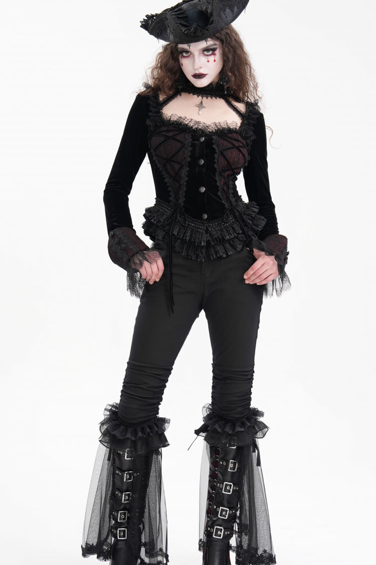 Black Ruffle Stitching Lace Women's Gothic Pants - Product - 3