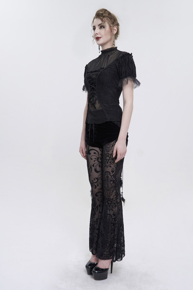 Black Wavy Stretch-Knit Fabric Adjustable Front Center Tether Short Sleeve Women's Gothic T-Shirt - Product - 4