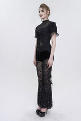 Black Wavy Stretch-Knit Fabric Adjustable Front Center Tether Short Sleeve Women's Gothic T-Shirt - Product - 4