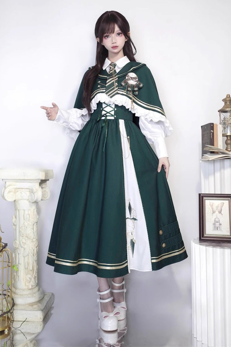 Green Time Traveler Print College Style Sweet Lolita Strap Dress 4 Piece Set - Product - 3