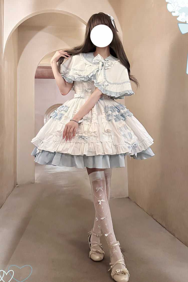White/Blue [Window Dolls] Multi-Layered Ruffle Love Bowknot Sweet Princess Lolita Jsk Dress with Cape - Product - 4