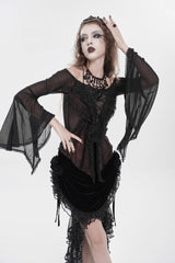 Black/Red Off Shoulder Long Trumpet Sleeves Ruffled Embroidered Lace-Up Women's Gothic Blouse - Product - 5