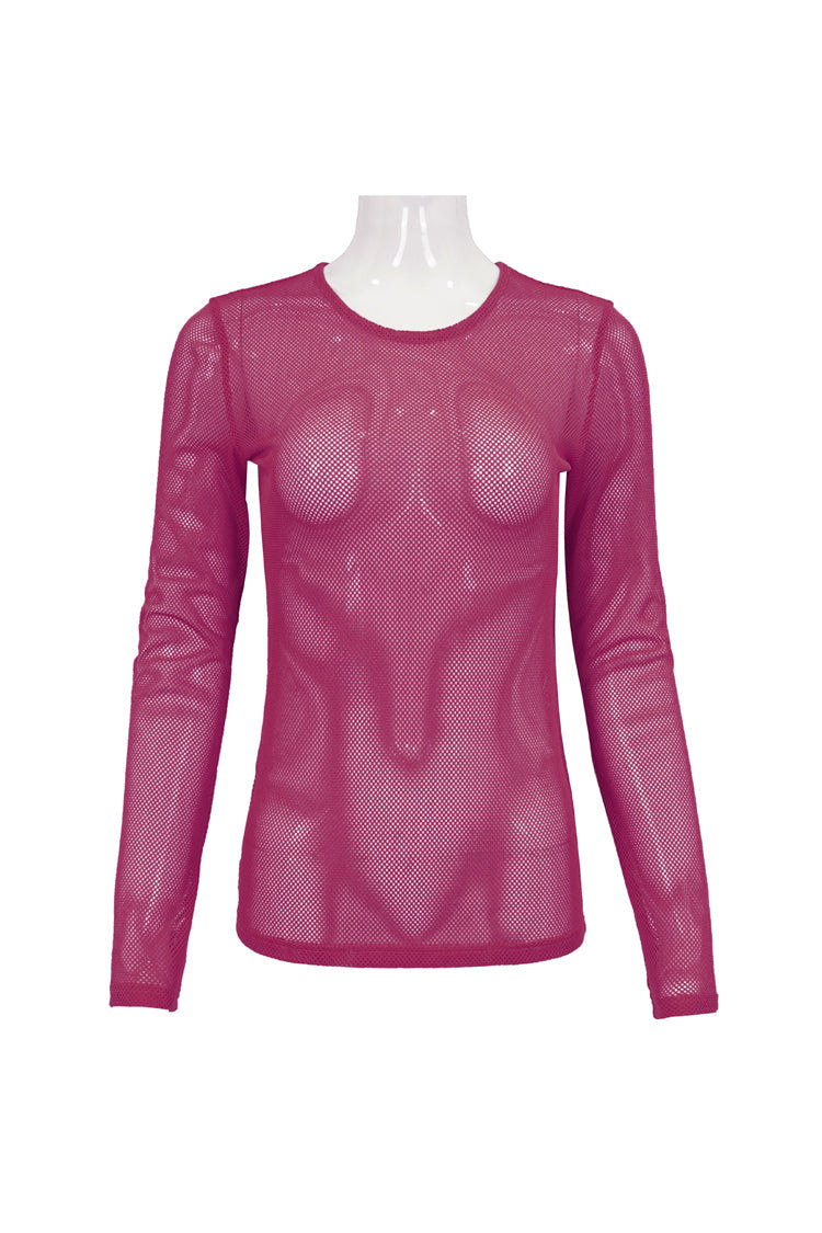 Red Elasticity High Neck Long Sleeve Mesh Women's Gothic T-Shirt - Product - 6