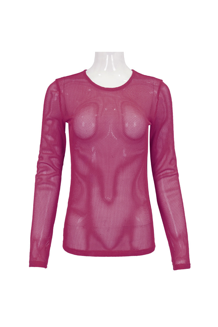 Red Elasticity High Neck Long Sleeve Mesh Women's Gothic T-Shirt - Product - 6