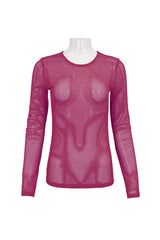 Red Elasticity High Neck Long Sleeve Mesh Women's Gothic T-Shirt - Product - 6
