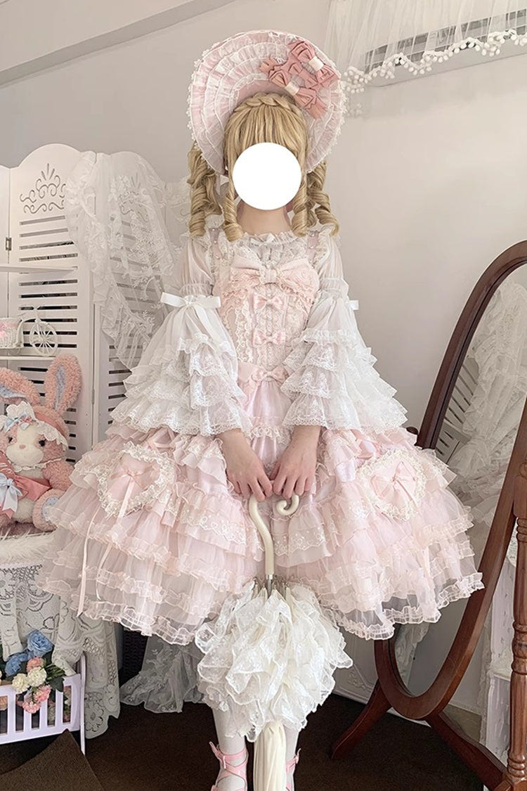 Pink [Sweetheart Diary] Multi-Layered Ruffle Hanayome Embroidery Bowknot Lace Sweet Lolita Jsk Dress - Product - 13