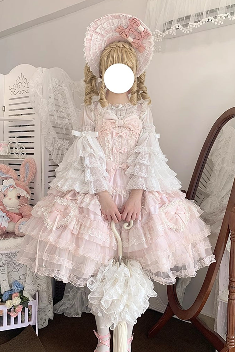 Pink [Sweetheart Diary] Multi-Layered Ruffle Hanayome Embroidery Bowknot Lace Sweet Lolita Jsk Dress - Product - 13
